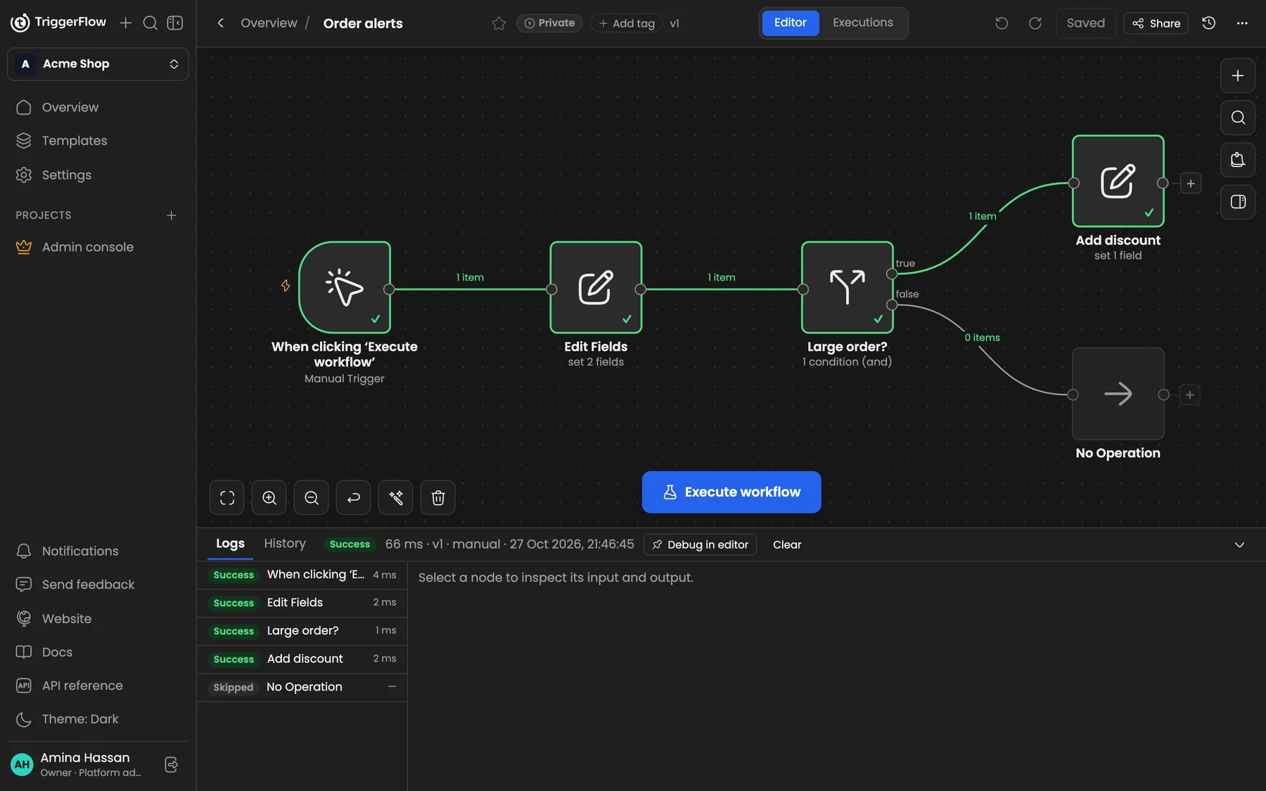 The finished workflow after a run: every node has a green tick, the item count is shown on each connection, and the logs list each step