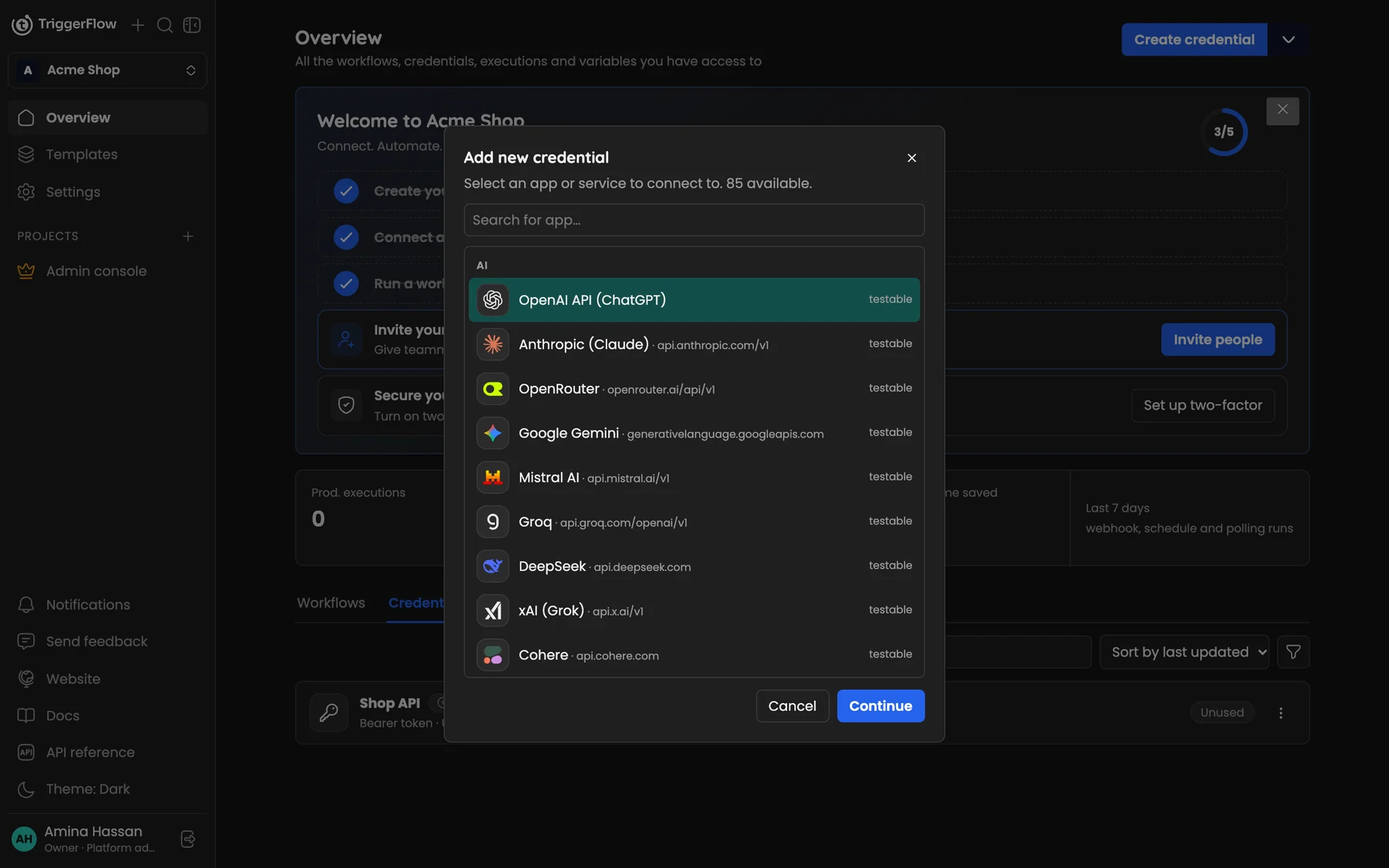 The Add new credential dialog listing apps such as OpenAI, Anthropic and Google Gemini