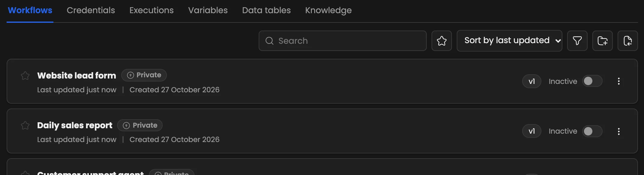 The workflow list with search, favourites, sort, filters, new folder and import buttons